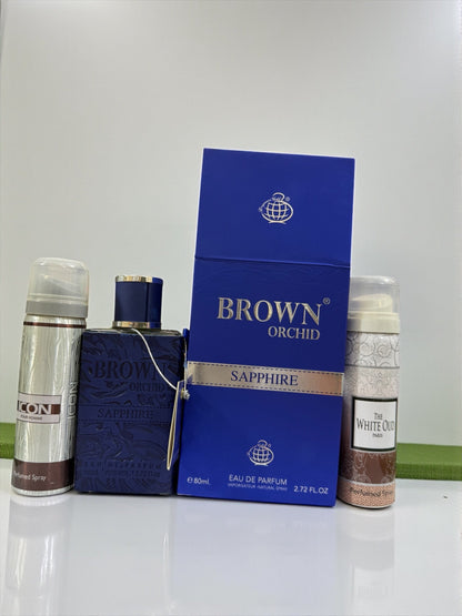 Brown Orchid Sapphire Amethyst  by Fragrance World 80 ML with 2 gifts (allow to open)