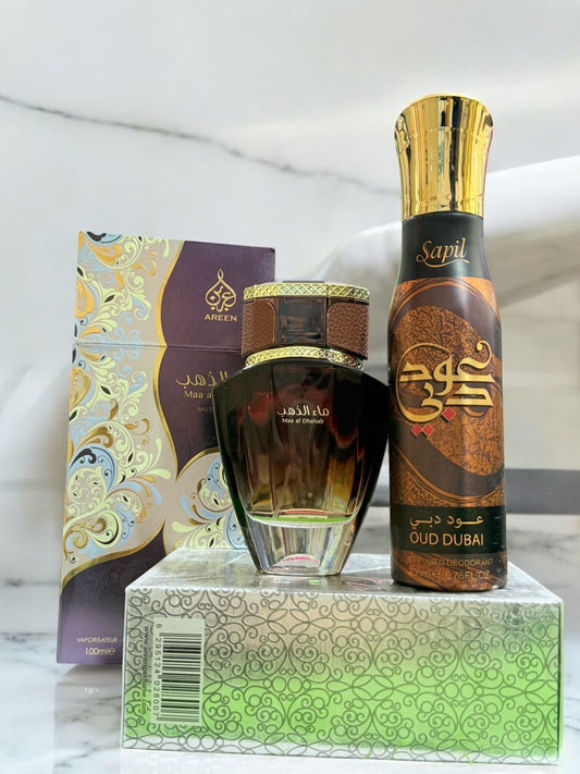Maa al Dhahab Perfume 100ml by Areen with Body Spray Gift (Allow to Open)